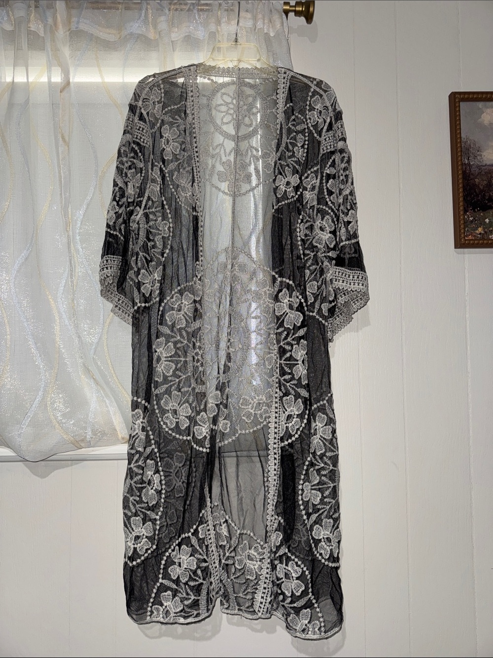 Sheer Black Lace Kimono with White Floral Embroidery